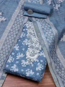 Biba Floral Printed Thread Work Linen Unstitched Dress Material