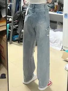 StyleCast Women Relaxed Fit High-Rise Mildly Distressed Embroidered Denim Jeans