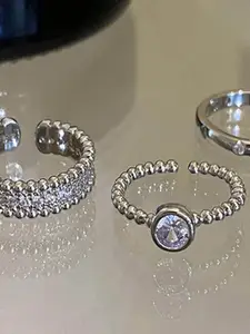StyleCast Set Of 3 Elegant Silver-Toned Artificial Stones Studded Open Finger Ring