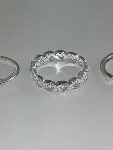 StyleCast Elegant Set of 3 Silver-Plated Stone-Studded Adjustable Heart Shaped Finger Ring