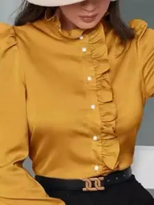 StyleCast Mustard Ruffled Long Sleeves Satin Casual Shirt