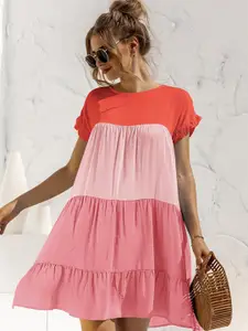 StyleCast Pink Colourblocked Round Neck Gathered Tiered A-Line Dress