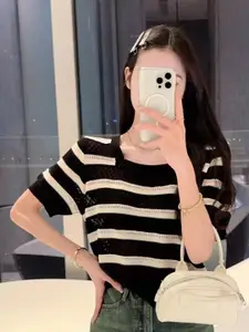 StyleCast Monochrome Striped Square Neck Crochet Top