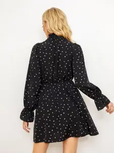 StyleCast Black Polka Dot Printed Cotton Fit & Flare Mini Dress