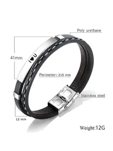 M Men Style Silver-Plated Stainless Steel I love Leather Wraparound Bracelet