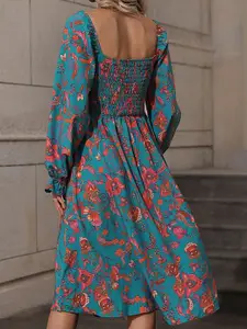 StyleCast Blue Floral Printed Smocked Bishop Sleeve A-Line Midi Dress