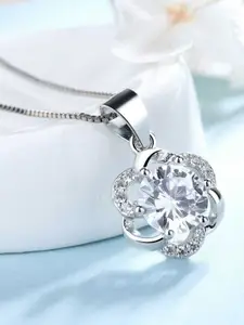 Bling Queen Silver-Plated Floral-Shaped Cubic Zirconia Studded Pendant With Chain