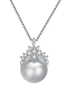 Bling Queen Silver Plated Cubic Zirconia Studded & Pearl Crown Pendant With Chain