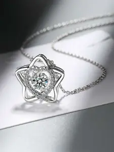 Bling Queen Silver-Plated Stainless Steel Heart Shaped Zirconia Studded Pendant With Chain