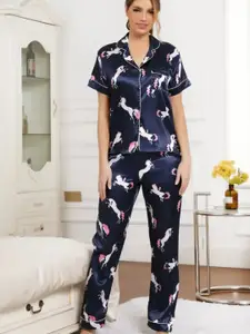 ETC Women Printed Shirt Collar Night suit