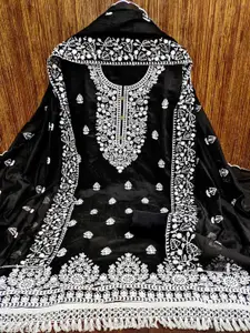 Peachmode Floral Embroidered Thread Work Unstitched Dress Material