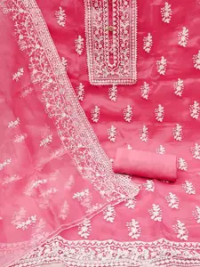 Peachmode Floral Embroidered Thread Work Organza Unstitched Dress Material