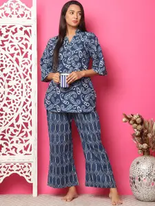 ETC Women Paisley Printed Mandarin Collar Pure Cotton Kurti and Pant Nightsuit Set