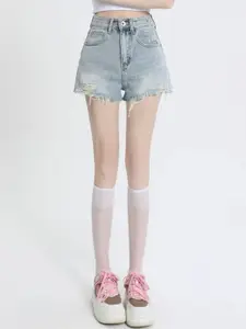KPOP Women Regular Fit Mid-Rise Denim Shorts