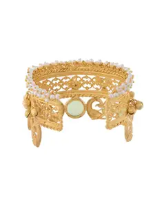 Silvermerc Designs Women Gold-Plated Stone Studded & Pearls Beaded Cuff Bracelet