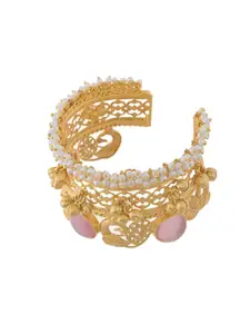 Silvermerc Designs Women Gold-Plated Stone Studded & Pearls Beaded Cuff Bracelet
