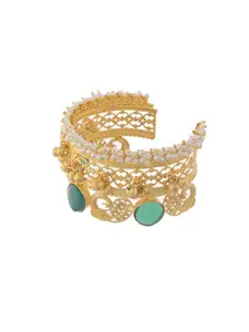 Silvermerc Designs Women Gold-Plated Stone Studded & Pearls Beaded Cuff Bracelet