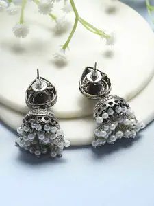 Biba Artificial Stones Studded & Beaded Dome Shaped Oxidised Jhumkas