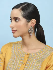 Biba Gold-Plated Artificial Stones Studded & Beaded Peacock Shaped Drop Earrings