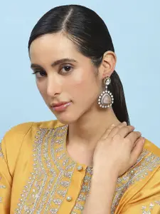 Biba Gold-Plated Artificial Stones Studded and Beaded Triangular Shaped Drop Earrings