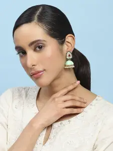 Biba Gold-Plated Artificial Stones Studded & Beaded Dome Shaped Enamelled Jhumkas