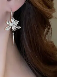KRENOZ Set Of 2 Rhodium-Plated Floral Textured Hook Design Drop Earrings