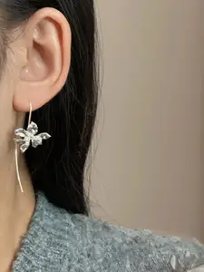 KRENOZ Set Of 2 Rhodium-Plated Floral Textured Hook Design Drop Earrings