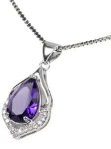 Bling Queen Silver Plated Amethyst Studded  Water Drop Pendant With Chain