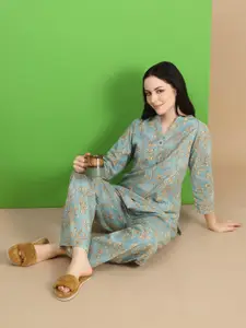 Sweet Dreams Women Floral Printed Pure Cotton Kurti Pyjamas Night suit