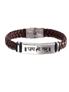 M Men Style Men Leather Silver-Plated Wraparound Seeta Ram Braided Bracelet