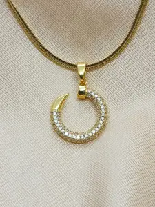 DressBerry Stainless Steel Gold-Plated Stones Studded Half Moon Pendants & Chains