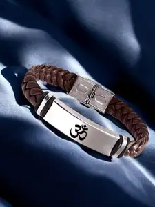 M Men Style Men Silver-Plated Style Om Namah Shivay Braided Leather Wraparound Bracelet