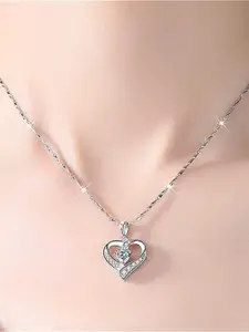Bling Queen Silver Plated Zirconia Embossed Heart Pendants With Chains