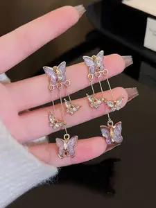 VAGHBHATT Gold-Plated Stones Studded Butterfly Shaped Tasselled Drop Earrings