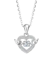 PASU FASHION Stainless Steel Silver-Plated Stones-Studded Wing Heart Pendant With Chain