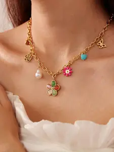 VIEN Gold-Plated Artificial Stone Studded & Beaded Stainless Steel Statement Necklace