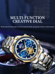 Nibosi Men Patterned Dial & Reset Time Analogue Watch NB-2656-Slvr-Gld-Blu