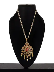 Sangria Gold-Plated Cubic Zirconia Studded And Pearls Beaded Pendant Necklace