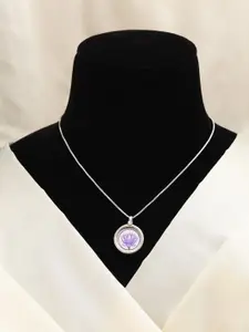 Exotic India Round Shape Hand-Painted Lotus Pendant in Sterling Silver