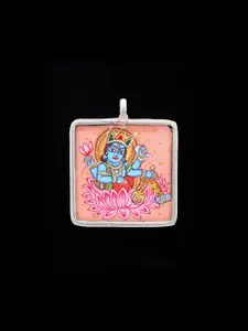 Exotic India Square Shape Hand-Painted Lord Vishnu Pendant In Sterling Silver
