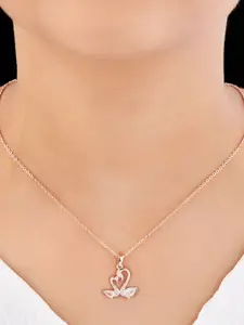 SOLIBELLE Rose Gold-Plated Artificial Stones-Studded Swan Shaped Pendants With Chains