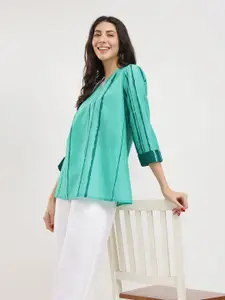 Pink Fort Cotton Striped V-Neck Top - Green