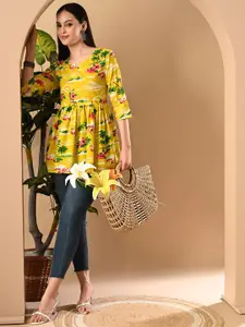 GLOWWORLD Women Floral Printed Notch Neck A-Line Short Kurti