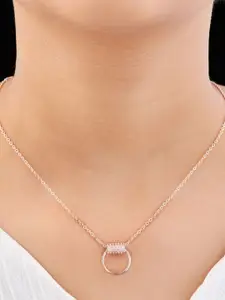 SOLIBELLE Rose Gold-Plated Artificial Stones-Studded Round Shaped Pendants With Chains