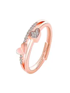 DressBerry Rose Gold-Plated Artificial Stones Studded Dual Heart Adjustable Finger Ring
