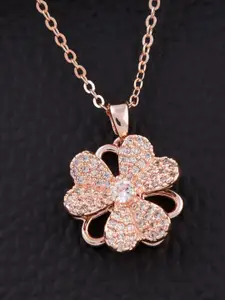 SOLIBELLE Rose Gold-Plated Artificial Stones-Studded Floral Shaped Pendants With Chains