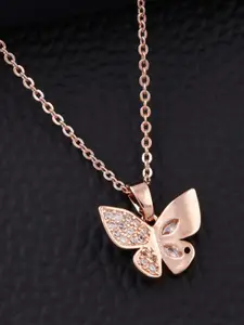 SOLIBELLE Rose Gold-Plated Artificial Stones Studded Butterfly Pendants With Chains