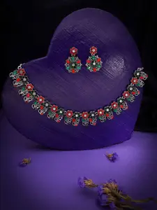 Anouk Silver-Plated Artificial Stones Studded Nacklace With Earrings