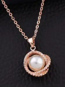 SOLIBELLE Rose Gold-Plated Stones-Studded And Beaded Pendants With Chains