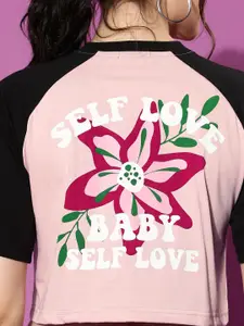 JUNEBERRY Pink & Black Back Printed Pure Cotton V-Neck Crop Top With Trouser Co-Ords Set